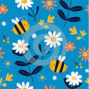 Vector blue background with cartoon bees and daisies. Floral pattern. Blue gentle seamless background. Fabric, paper, wallpaper.