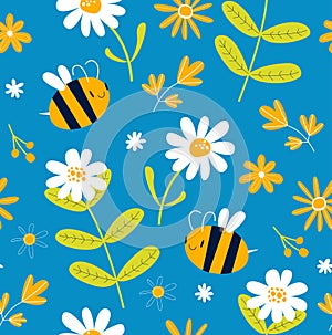 Vector blue background with cartoon bees and daisies. Floral pattern. Fabric, paper, wallpaper.