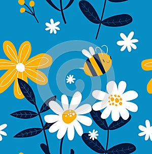 Vector blue background with cartoon bees and daisies. Floral pattern.Fabric, paper, wallpaper.