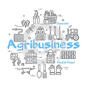 Vector blue banner linear concept - Agribusiness Farm