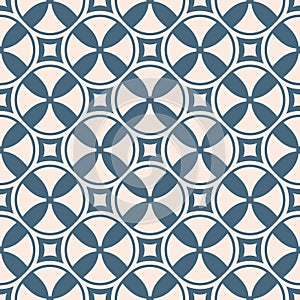 Vector blue and beige geometric seamless pattern with crosses, circles, squares