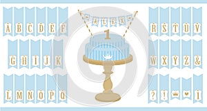 Vector blue cake on wooden table. Set of printable letters cupcake bunting. Mini flags can use for decoration prince party