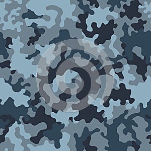 Vector blue camouflage pattern background seamless. Classic clothing style masking camo repeat print.