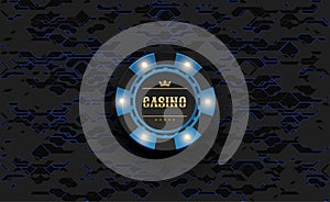 Vector blue casino poker chip with luminous light elements. Black silk hi-tech background. Blackjack or online casino web banner,