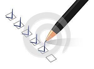 Vector blue check mark symbols on checklist with pen. Vector illustration on white background