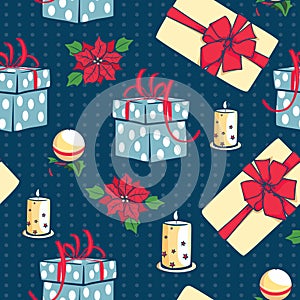 Vector blue Christmas gifts boxes and candles seamless repeat pattern background. Can be used for holiday giftwrap