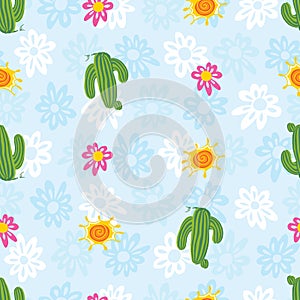 Vector blue cute spaced out simple cactus and daisy flowers seamless repeat pattern with floral background. Suitable for