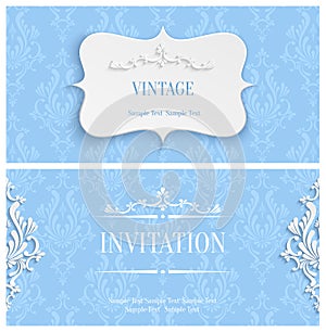 Vector Blue 3d Vintage Invitation Card with Floral Damask Pattern