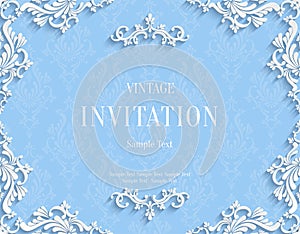 Vector Blue 3d Vintage Invitation Card with Floral Damask Pattern