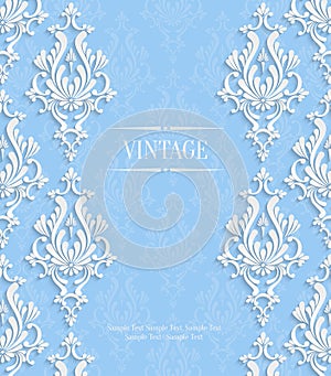 Vector Blue 3d Vintage Invitation Card with Floral Damask Pattern