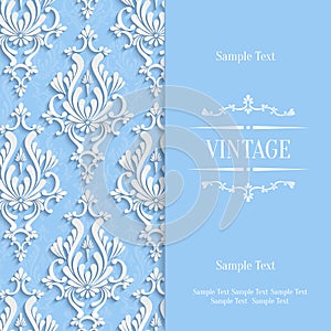 Vector Blue 3d Vintage Invitation Card Template with Floral Damask Pattern