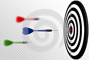 Vector blue dart arrows flying to target dartboard. Metaphor to target success, winner concept. Isolated on white transparent