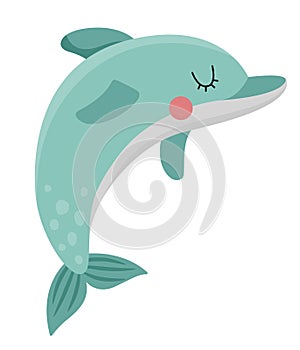 Vector blue dolphin icon. Under the sea illustration with cute funny fish. Ocean animal clipart. Cartoon underwater or marine clip