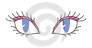 Vector blue eyes with long lashes. Doodle style. Cute illustration for stickers, cards design, tags, clipart