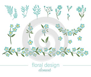 Vector blue floral clip art set. Flat trendy illustration with flowers, leaves, branches. Meadow, woodland, forest garden elements