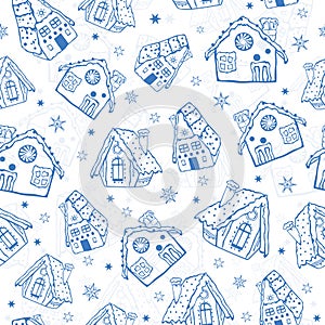 Vector blue gingerbread houses seamless pattern background. Perfect for winter holiday fabric, giftwrap, scrapbooking