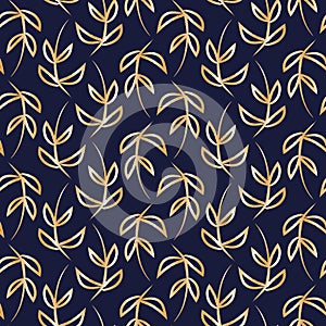 Vector blue gold laurel leaves seamless pattern