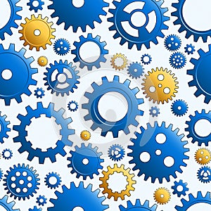 Vector Blue And Gold Mechanical Cogwheel Seamless Pattern. Gear And Cog Site Background. Collection Of Clockwork Gear Wheels