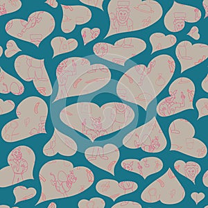 Vector blue green hearts anthromorphic cartoon characters seamless pattern background