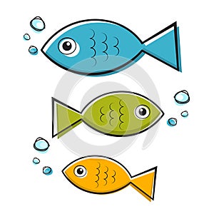 Vector Blue, Green and Orange Fish Illustration With Bubbles