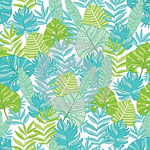 Vector blue green tropical leaves summer hawaiian seamless pattern with tropical plants and leaves on navy blue