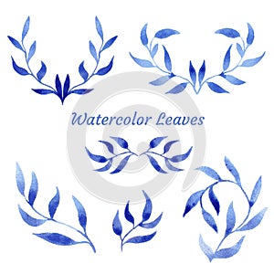 Vector blue gzhel watercolor leaf pattern template