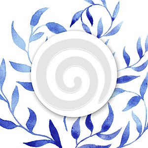 Vector blue gzhel watercolor leaf pattern template