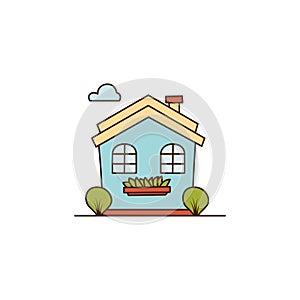 Vector blue house with two windows and Bushes icon. Vector cartoon house with flue icon
