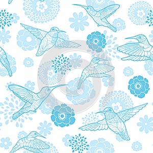 Vector Blue Hummingbirds and Flowers Lineart