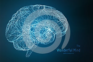 Vector blue illustration of 3d brain side with synapses and glowing neurons. Conceptual image of idea birth or