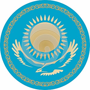 Vector blue Kazakh national round ornament sun and golden eagle. Ethnic circle, nomadic peoples of the great steppe