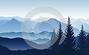 Vector blue landscape with silhouettes of misty mountains and hills and trees