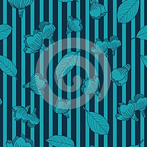 Vector blue lines flowers leaves seamless pattern