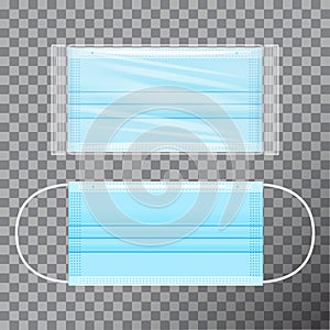 Vector blue medical face mask in transparent packaging. Realistic mockup on transparent background