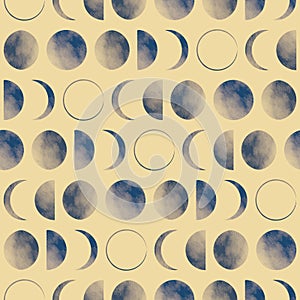 Vector blue moon phases yellow seamless pattern