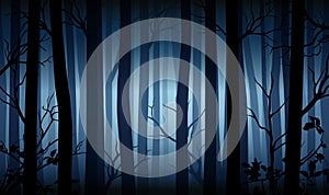 Vector blue mysterious dark forest landscape with silhouettes of trees and branches