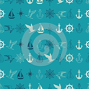 Vector blue nautical elements seamless pattern background