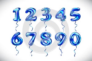 Vector blue number 1, 2, 3, 4, 5, 6, 7, 8, 9, 0 metallic balloon. Party decoration golden balloons. Anniversary sign for happy hol