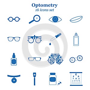 Vector blue optometry icon set. Optician, ophtalmology, vision correction, eye test, eye care, eye diagnostic