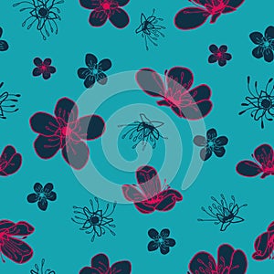 Vector blue pink cherry flowers seamless pattern
