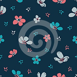 Vector blue pink cherry flowers seamless pattern grey