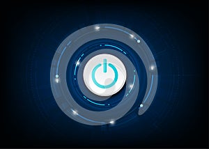 Vector blue power button on technology background.