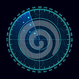 Vector blue radar screen. Military search system. Futuristic HUD radar display. Futuristic HUD interface.