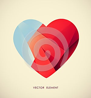 Vector blue-red paper heart isolated on bege background. Valentine`s day. Love. Vector illustration