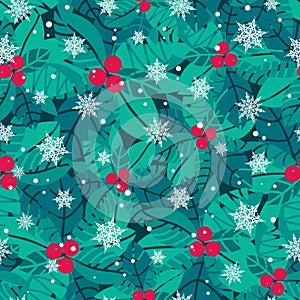 Vector blue, red, white holly berries and snowflakes holiday