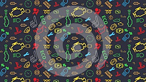 Vector blue seamless pattern. Car dashboard icons texture. Repeating dtc code signs. Coloured, irregular, check engine big sign.