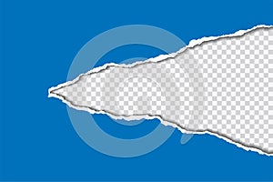 Vector blue sheet of torn paper with transparent background with