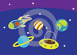 Vector of blue space image with earth, saturn and other stars, spacecraft and rockets