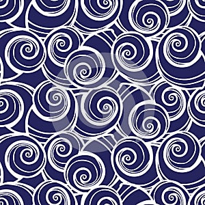 Vector blue spiral seashells repeat pattern. Suitable for gift wrap, textile and wallpaper