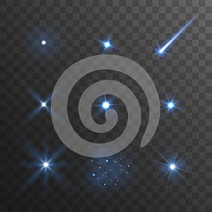 Vector blue star light effect collection isolated on dark background